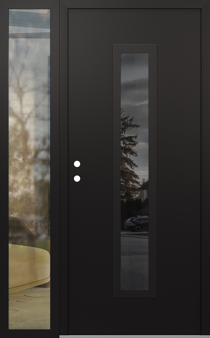 Modern Steel Front Door DIAMOND A11 52" X 80" BLACK/BLACK MIRRORED GLASS PANEL BLACK RHI WITH SIDELITE CLEAR GLASS
