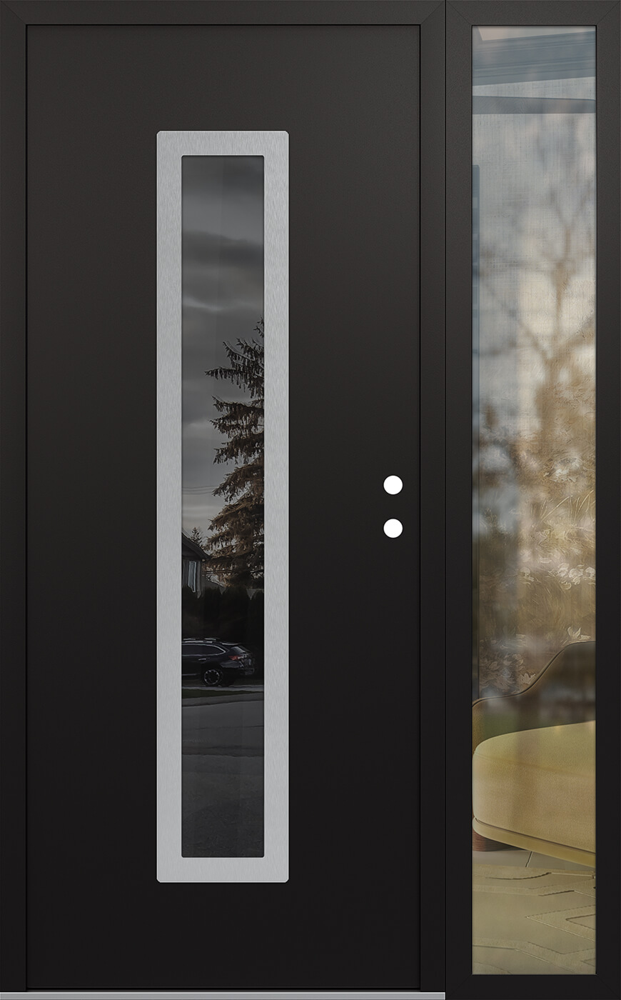 Modern Steel Front Door DIAMOND A11 52" X 80" BLACK/BLACK MIRRORED GLASS PANEL STAINLESS STEEL LHI WITH SIDELITE CLEAR GLASS