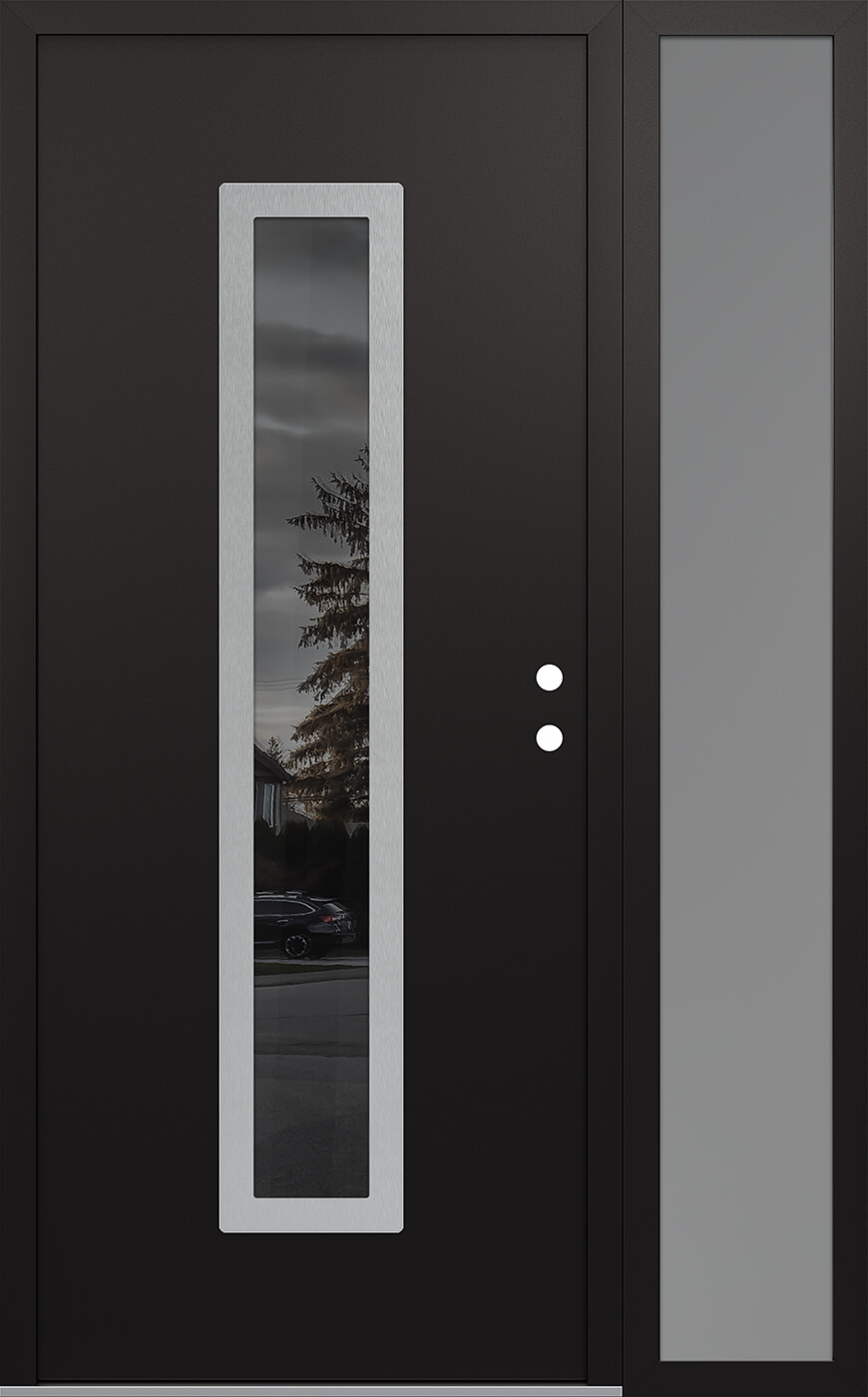Modern Steel Front Door DIAMOND A11 52" X 80" BLACK/BLACK MIRRORED GLASS PANEL STAINLESS STEEL LHI WITH SIDELITE FROSTED GLASS