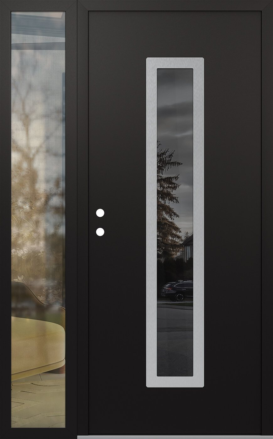 Modern Steel Front Door DIAMOND A11 52" X 80" BLACK/BLACK MIRRORED GLASS PANEL STAINLESS STEEL RHI WITH SIDELITE CLEAR GLASS