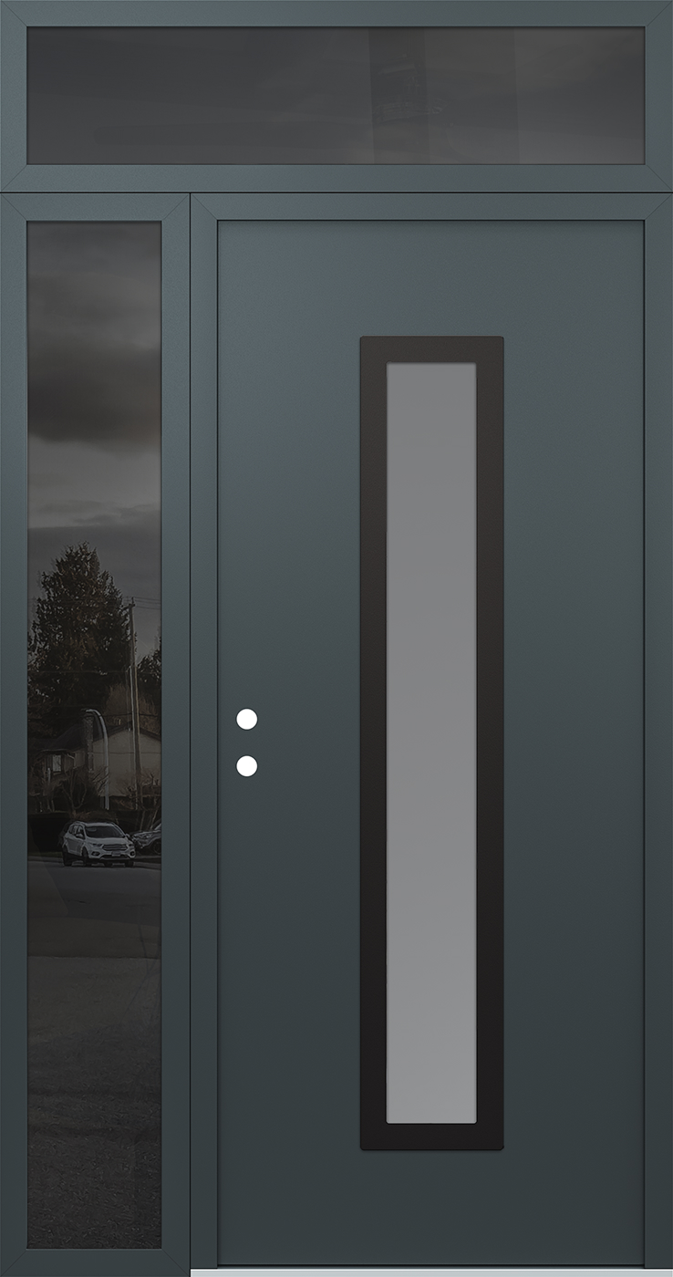 Modern Steel Front Door DIAMOND A11 52" X 96" ANTHRACITE/ANTHRACITE FROSTED GLASS PANEL BLACK RHI WITH SIDELITE AND TRANSOM MIRRORED GLASS