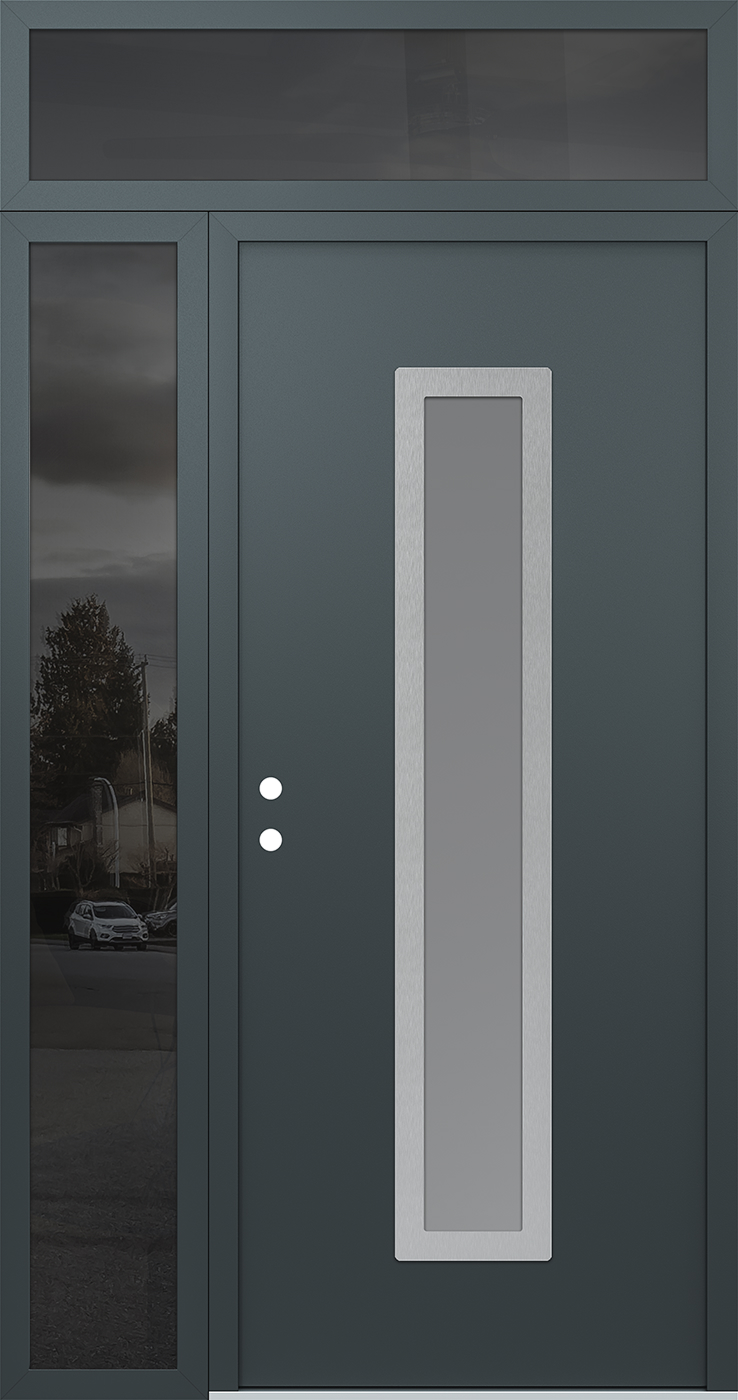 Modern Steel Front Door DIAMOND A11 52" X 96" ANTHRACITE/ANTHRACITE FROSTED GLASS PANEL STAINLESS STEEL RHI WITH SIDELITE AND TRANSOM MIRRORED GLASS