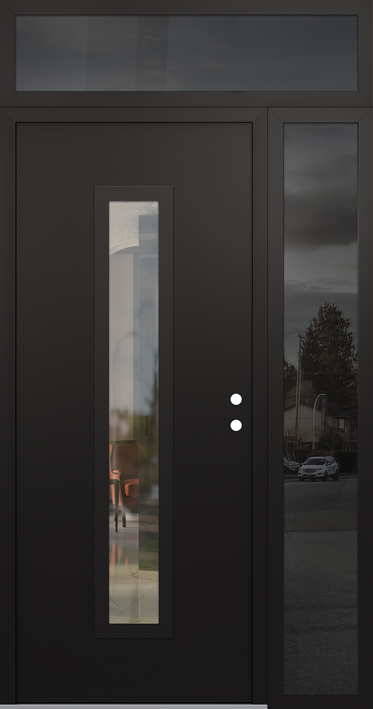 Modern Steel Front Door DIAMOND A11 52" X 96" BLACK/BLACK CLEAR GLASS PANEL BLACK LHI WITH SIDELITE AND TRANSOM MIRRORED GLASS