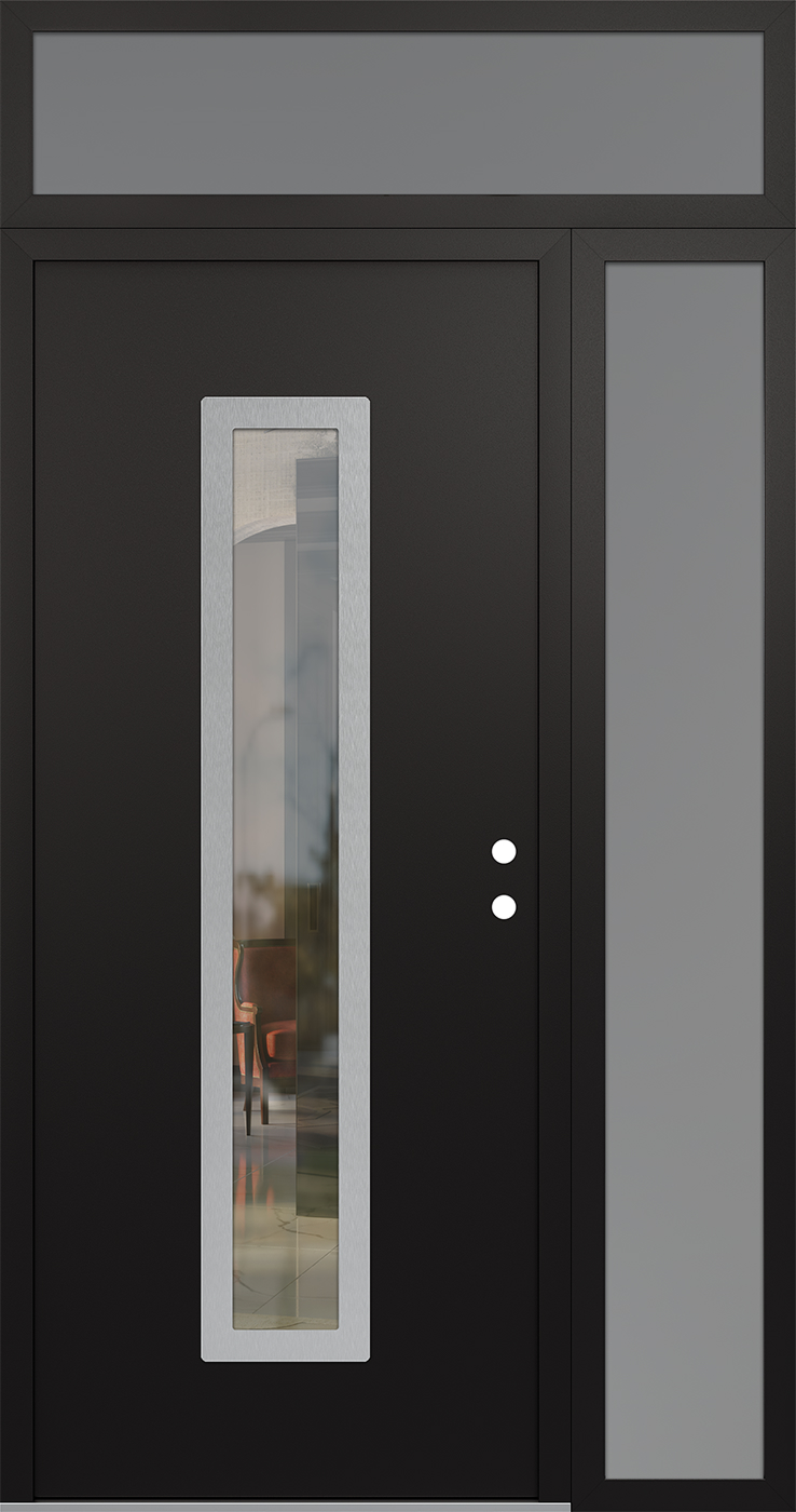 Modern Steel Front Door DIAMOND A11 52" X 96" BLACK/BLACK CLEAR GLASS PANEL STAINLESS STEEL LHI WITH SIDELITE AND TRANSOM FROSTED GLASS