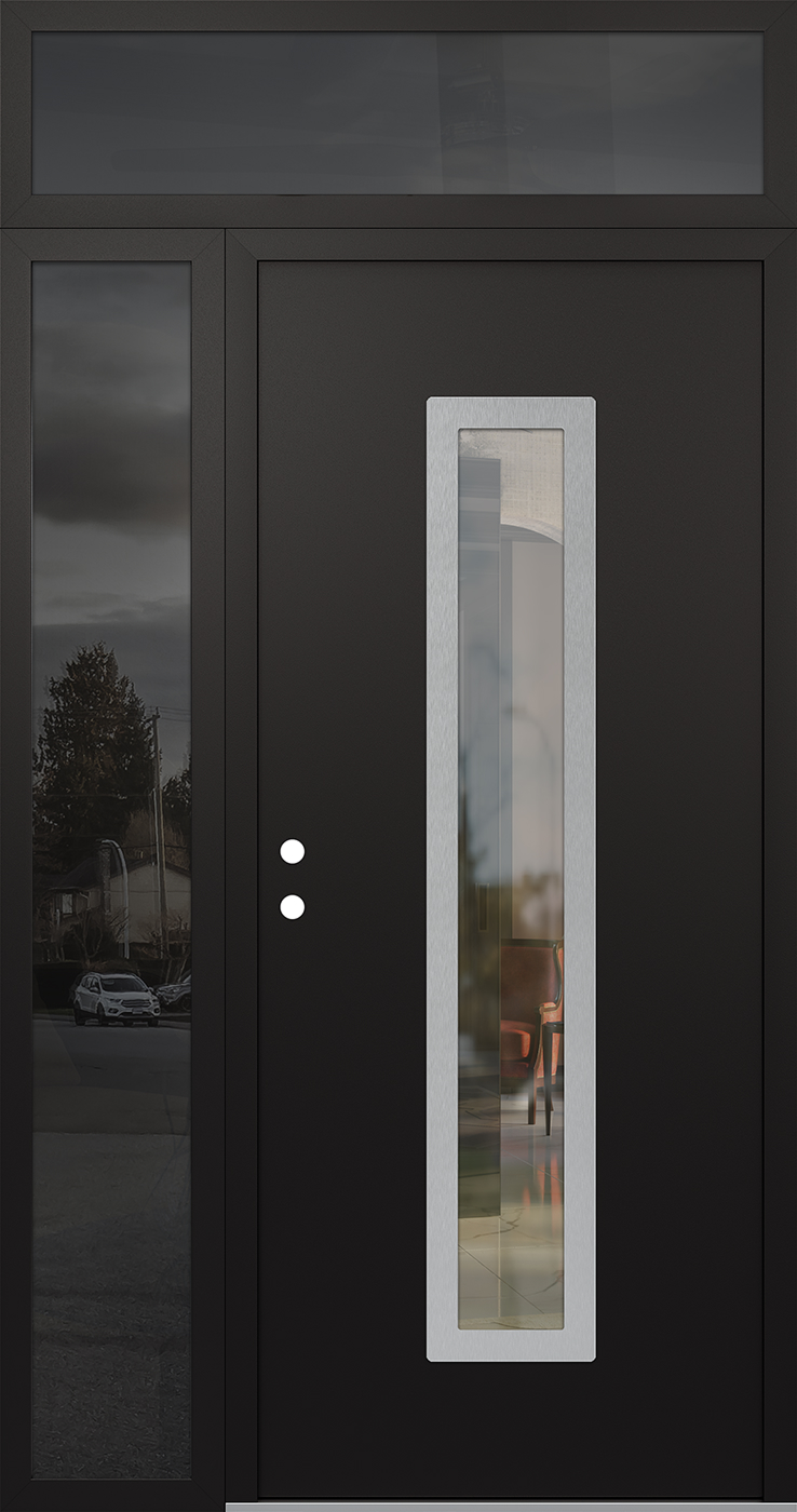 Modern Steel Front Door DIAMOND A11 52" X 96" BLACK/BLACK CLEAR GLASS PANEL STAINLESS STEEL RHI WITH SIDELITE AND TRANSOM MIRRORED GLASS