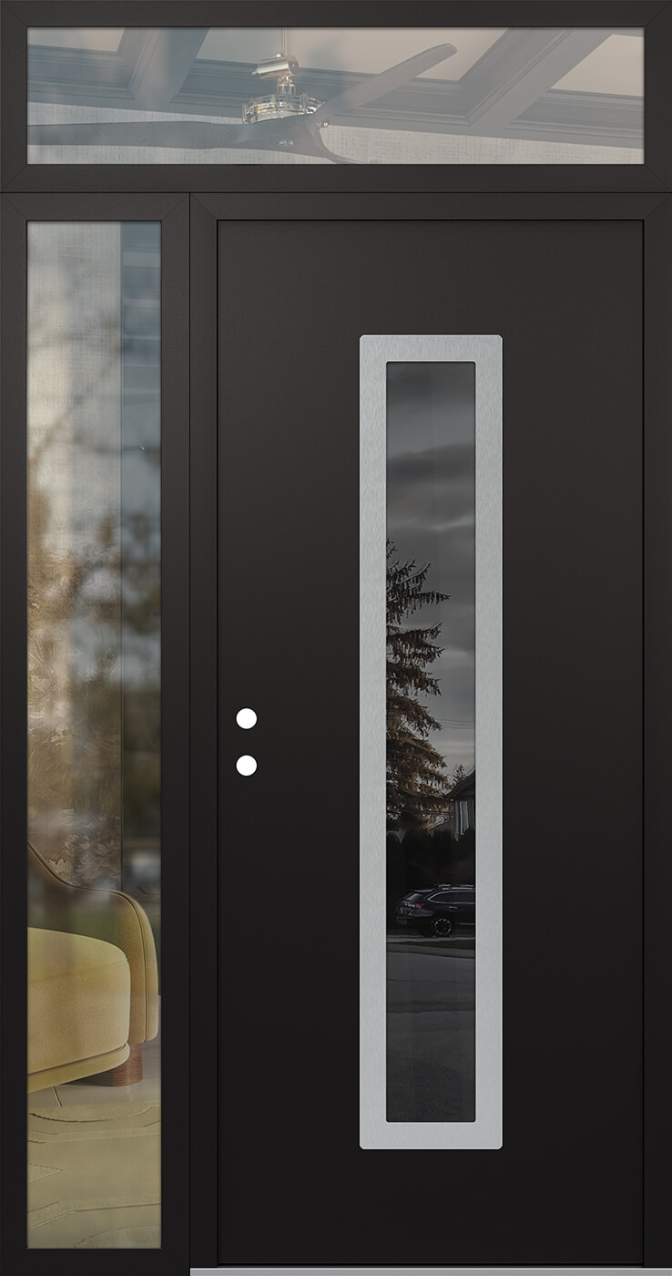 Modern Steel Front Door DIAMOND A11 52" X 96" BLACK/BLACK MIRRORED GLASS PANEL STAINLESS STEEL RHI WITH SIDELITE AND TRANSOM CLEAR GLASS