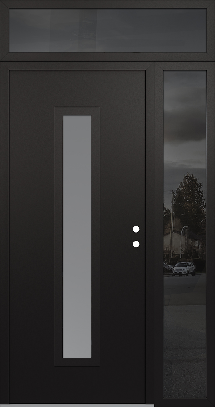 Modern Steel Front Door DIAMOND A11 52" X 96" BLACK/WHITE FROSTED GLASS PANEL BLACK LHI WITH SIDELITE AND TRANSOM MIRRORED GLASS