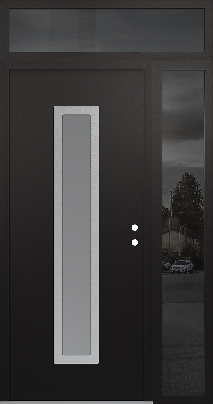 Modern Steel Front Door DIAMOND A11 52" X 96" BLACK/WHITE FROSTED GLASS PANEL STAINLESS STEEL LHI WITH SIDELITE AND TRANSOM MIRRORED GLASS