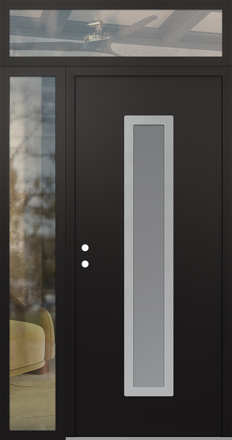 Modern Steel Front Door DIAMOND A11 52" X 96" BLACK/WHITE FROSTED GLASS PANEL STAINLESS STEEL RHI WITH SIDELITE AND TRANSOM CLEAR GLASS
