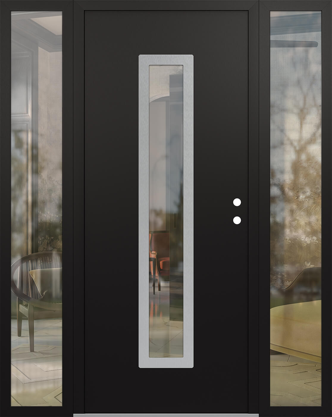Modern Steel Front Door DIAMOND A11 60" X 80" BLACK/BLACK CLEAR GLASS PANEL STAINLESS STEEL LHI WITH 2 SIDELITES CLEAR GLASS