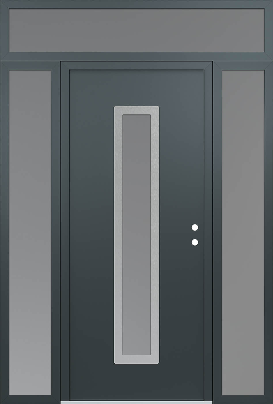 Modern Steel Front Door DIAMOND A11 60" X 96" ANTHRACITE/ANTHRACITE FROSTED GLASS PANEL STAINLESS STEEL LHI WITH 2 SIDELITES AND TRANSOM FROSTED GLASS