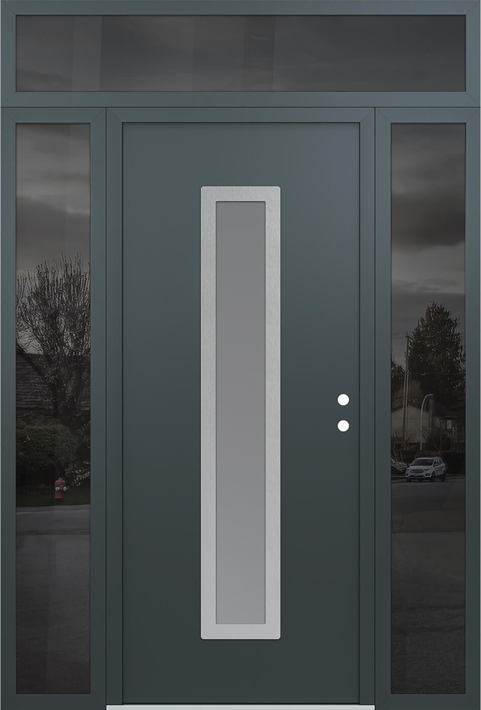 Modern Steel Front Door DIAMOND A11 60" X 96" ANTHRACITE/ANTHRACITE FROSTED GLASS PANEL STAINLESS STEEL LHI WITH 2 SIDELITES AND TRANSOM MIRRORED GLASS