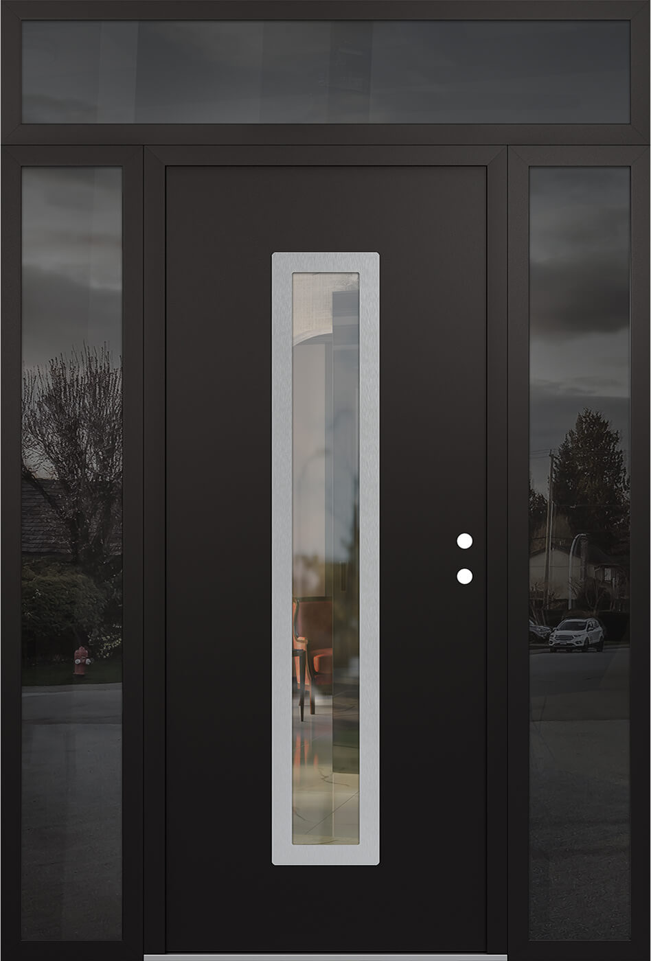 Modern Steel Front Door DIAMOND A11 60" X 96" BLACK/BLACK CLEAR GLASS PANEL STAINLESS STEEL LHI WITH 2 SIDELITES AND TRANSOM MIRRORED GLASS