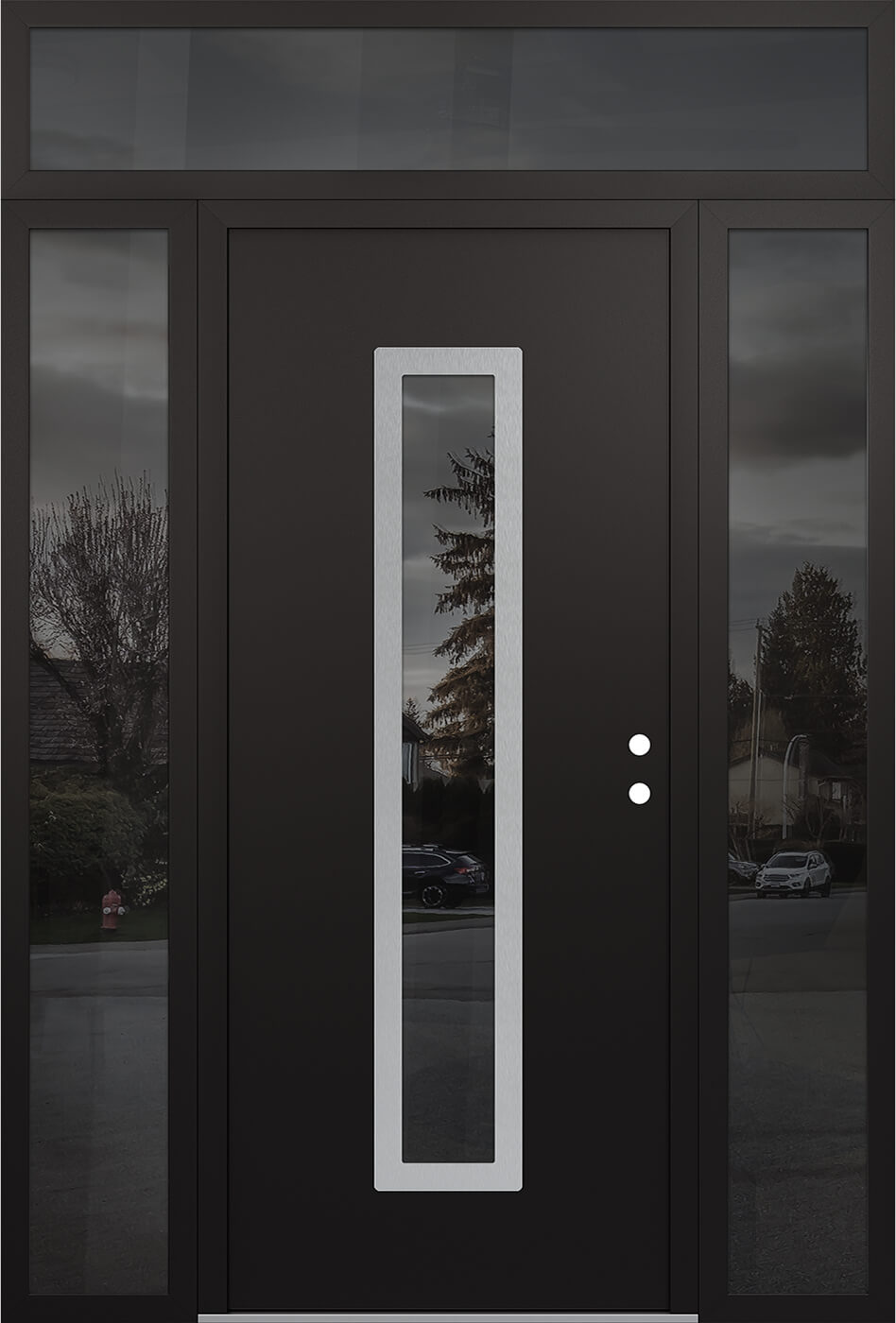 Modern Steel Front Door DIAMOND A11 60" X 96" BLACK/BLACK MIRRORED GLASS PANEL STAINLESS STEEL LHI WITH 2 SIDELITES AND TRANSOM MIRRORED GLASS