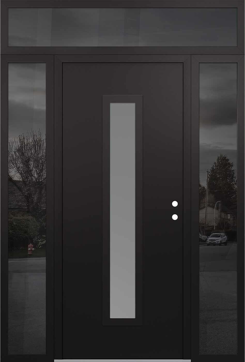 Modern Steel Front Door DIAMOND A11 60" X 96" BLACK/WHITE FROSTED GLASS PANEL BLACK LHI WITH 2 SIDELITES AND TRANSOM MIRRORED GLASS