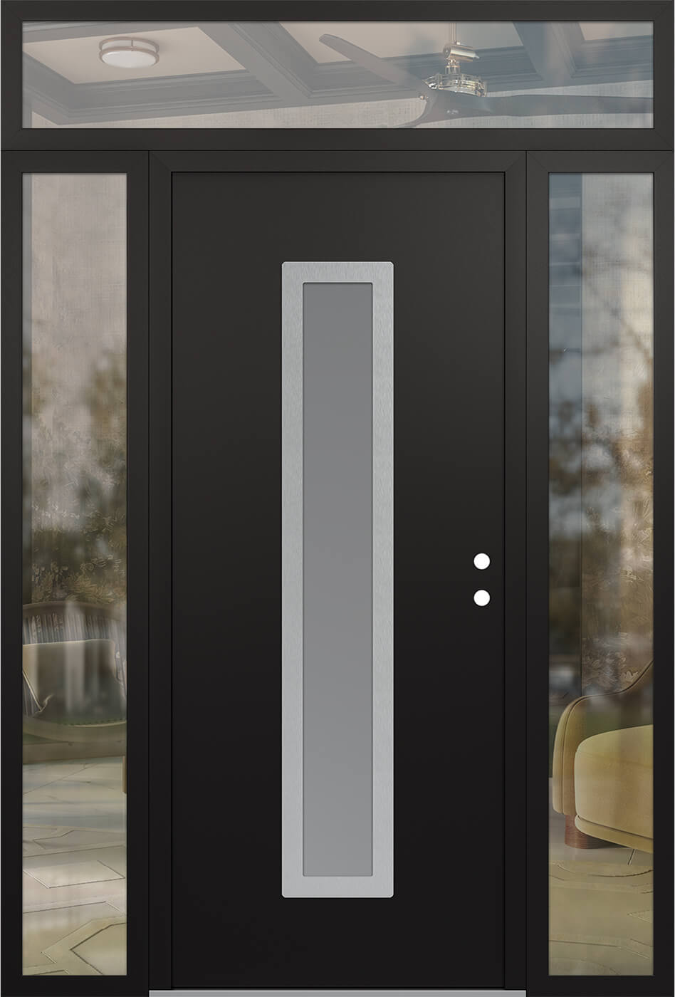 Modern Steel Front Door DIAMOND A11 60" X 96" BLACK/WHITE FROSTED GLASS PANEL STAINLESS STEEL LHI WITH 2 SIDELITES AND TRANSOM CLEAR GLASS
