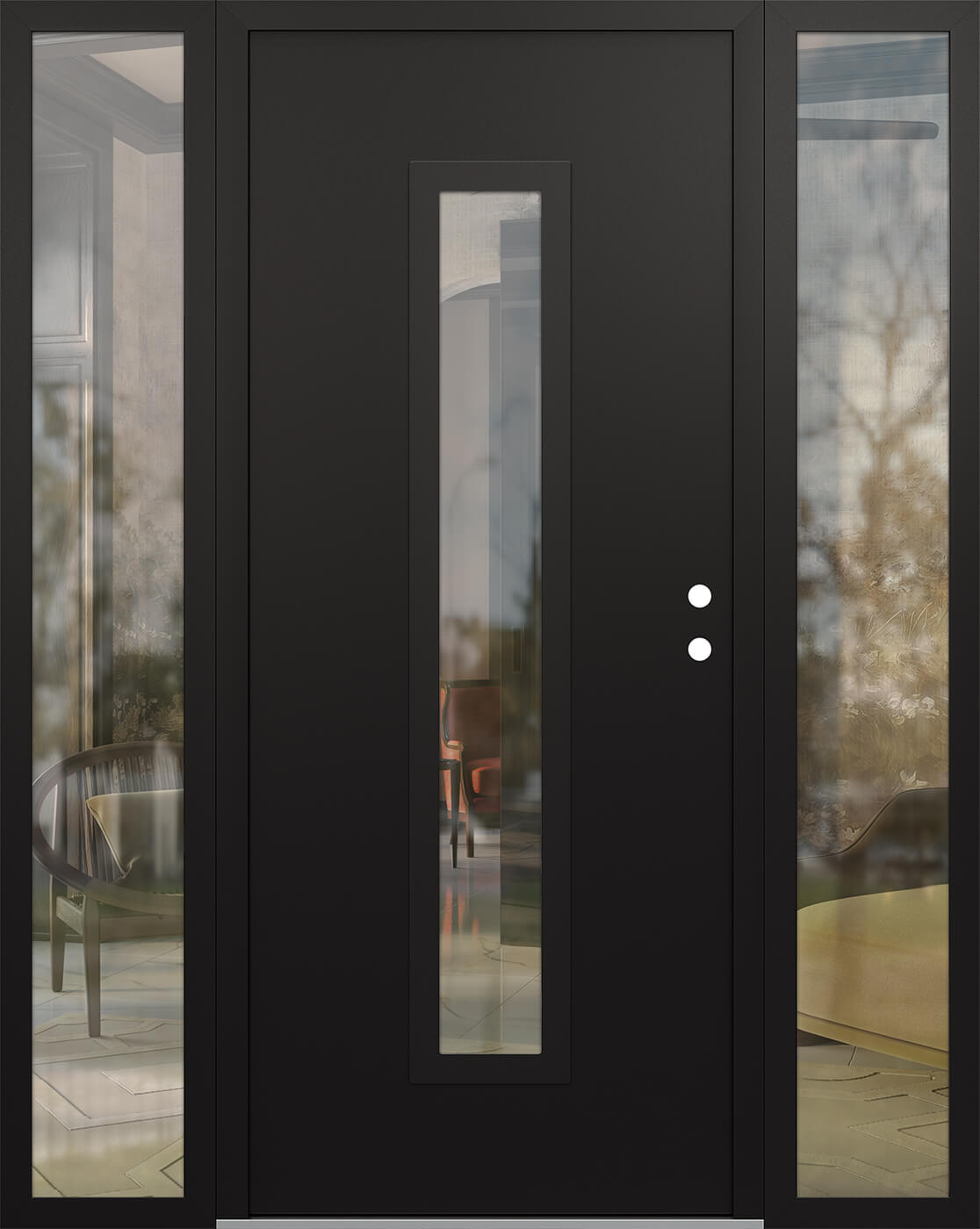 Modern Steel Front Door DIAMOND A11 64" X 80" BLACK/BLACK CLEAR GLASS PANEL BLACK LHI WITH 2 SIDELITES CLEAR GLASS