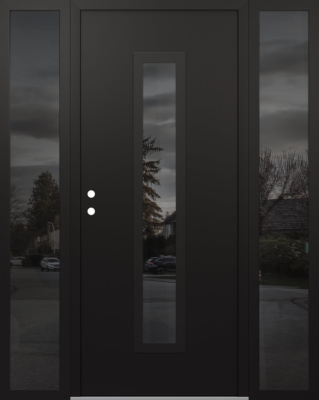 Modern Steel Front Door DIAMOND A11 64" X 80" BLACK/BLACK MIRRORED GLASS PANEL BLACK RHI WITH 2 SIDELITES MIRRORED GLASS