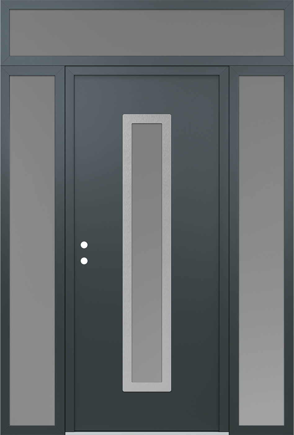 Modern Steel Front Door DIAMOND A11 64" X 96" ANTHRACITE/ANTHRACITE FROSTED GLASS PANEL STAINLESS STEEL RHI WITH 2 SIDELITES AND TRANSOM FROSTED GLASS
