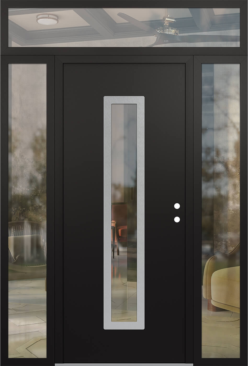 Modern Steel Front Door DIAMOND A11 64" X 96" BLACK/BLACK CLEAR GLASS PANEL STAINLESS STEEL LHI WITH 2 SIDELITES AND TRANSOM CLEAR GLASS