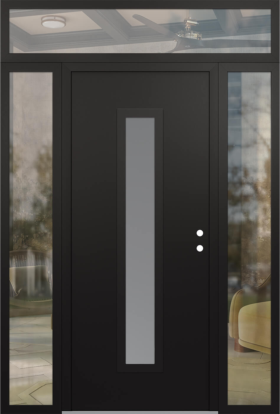Modern Steel Front Door DIAMOND A11 64" X 96" BLACK/WHITE FROSTED GLASS PANEL BLACK LHI WITH 2 SIDELITES AND TRANSOM CLEAR GLASS