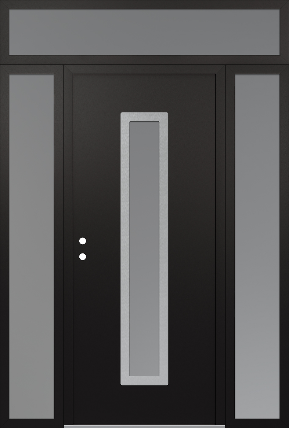 Modern Steel Front Door DIAMOND A11 64" X 96" BLACK/WHITE FROSTED GLASS PANEL STAINLESS STEEL RHI WITH 2 SIDELITES AND TRANSOM FROSTED GLASS