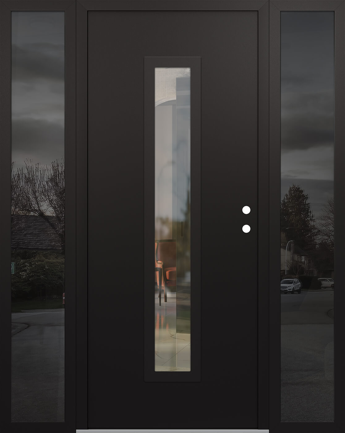 Modern Steel Front Door DIAMOND A11 68" X 80" BLACK/BLACK CLEAR GLASS PANEL BLACK LHI WITH 2 SIDELITES MIRRORED GLASS