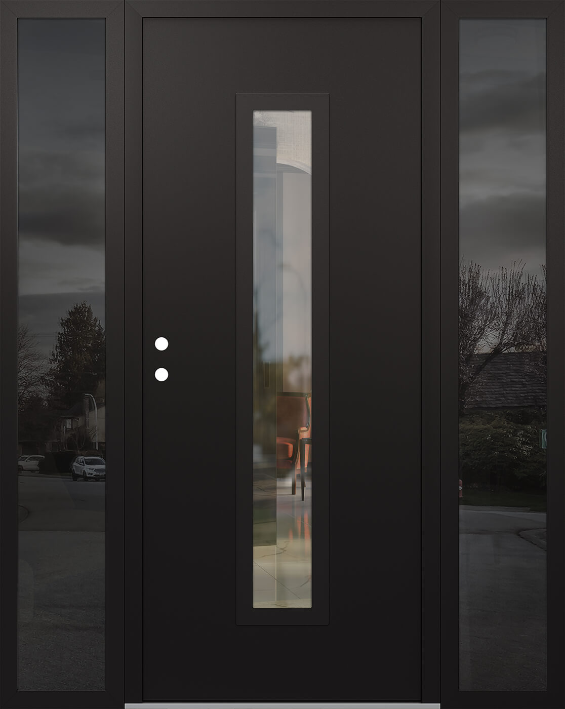 Modern Steel Front Door DIAMOND A11 68" X 80" BLACK/BLACK CLEAR GLASS PANEL BLACK RHI WITH 2 SIDELITES MIRRORED GLASS