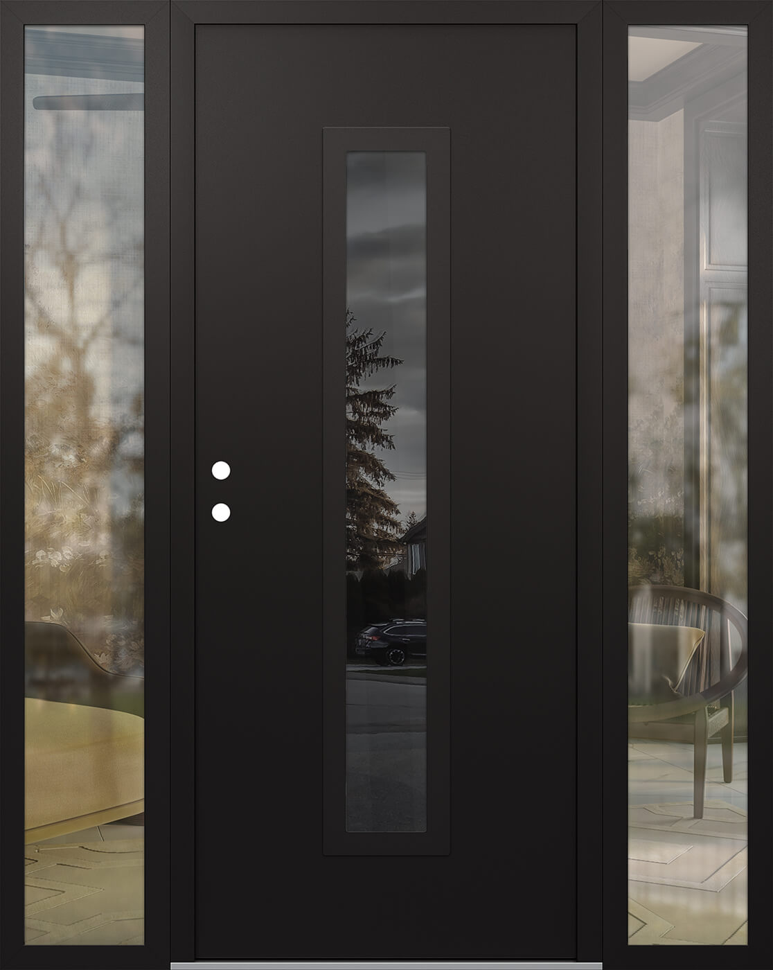 Modern Steel Front Door DIAMOND A11 68" X 80" BLACK/BLACK MIRRORED GLASS PANEL BLACK RHI WITH 2 SIDELITES CLEAR GLASS