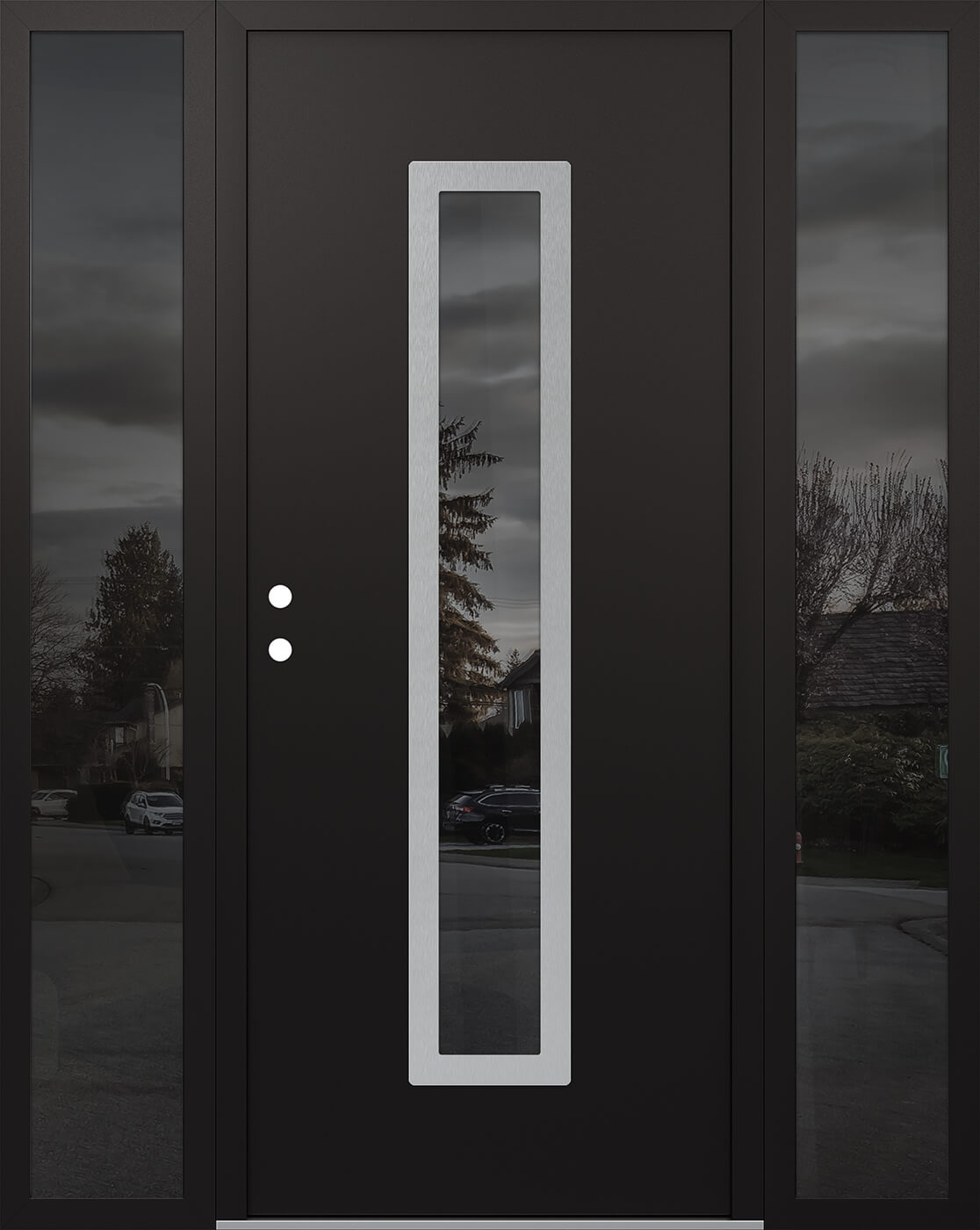 Modern Steel Front Door DIAMOND A11 68" X 80" BLACK/BLACK MIRRORED GLASS PANEL STAINLESS STEEL RHI WITH 2 SIDELITES MIRRORED GLASS