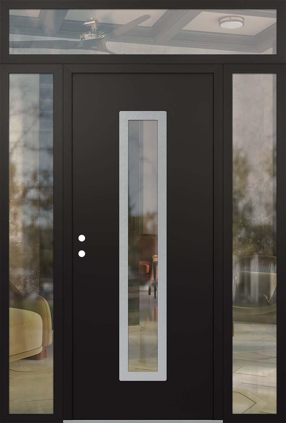 Modern Steel Front Door DIAMOND A11 68" X 96" BLACK/BLACK CLEAR GLASS PANEL STAINLESS STEEL RHI WITH 2 SIDELITES AND TRANSOM CLEAR GLASS