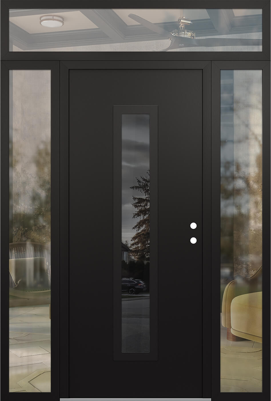 Modern Steel Front Door DIAMOND A11 68" X 96" BLACK/BLACK MIRRORED GLASS PANEL BLACK LHI WITH 2 SIDELITES AND TRANSOM CLEAR GLASS