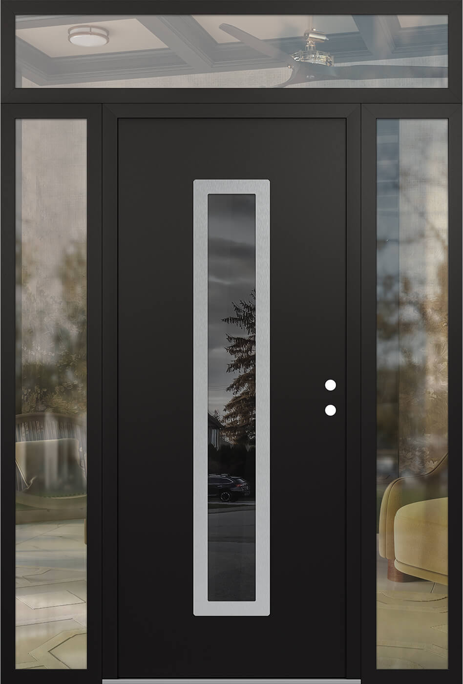 Modern Steel Front Door DIAMOND A11 68" X 96" BLACK/BLACK MIRRORED GLASS PANEL STAINLESS STEEL LHI WITH 2 SIDELITES AND TRANSOM CLEAR GLASS