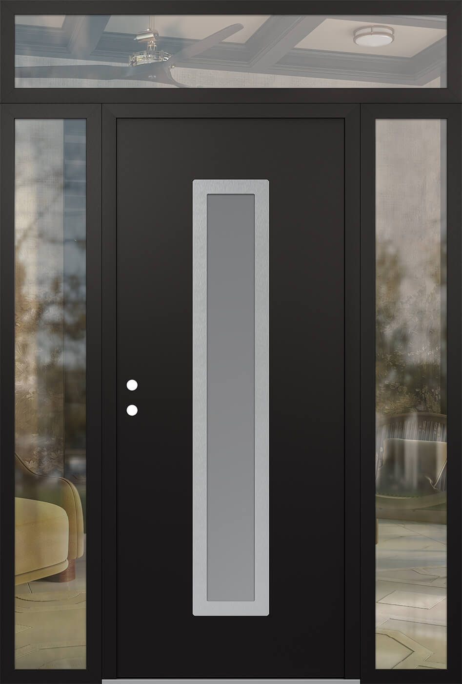 Modern Steel Front Door DIAMOND A11 68" X 96" BLACK/WHITE FROSTED GLASS PANEL STAINLESS STEEL RHI WITH 2 SIDELITES AND TRANSOM CLEAR GLASS