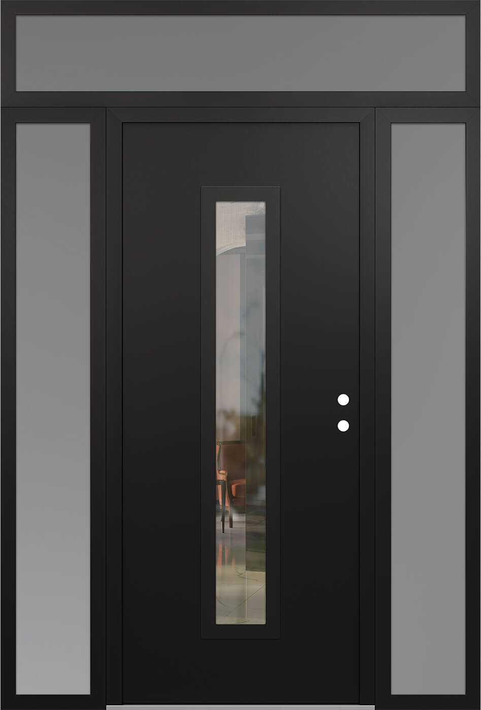Modern Steel Front Door DIAMOND A11 60" X 96" BLACK/BLACK CLEAR GLASS PANEL BLACK LHI WITH 2 SIDELITES AND TRANSOM CLEAR GLASS