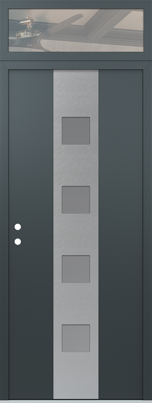 Modern Steel Front Door DIAMOND A12 36" X 96" ANTHRACITE/ANTHRACITE FROSTED GLASS PANEL STAINLESS STEEL RHI WITH TRANSOM CLEAR GLASS