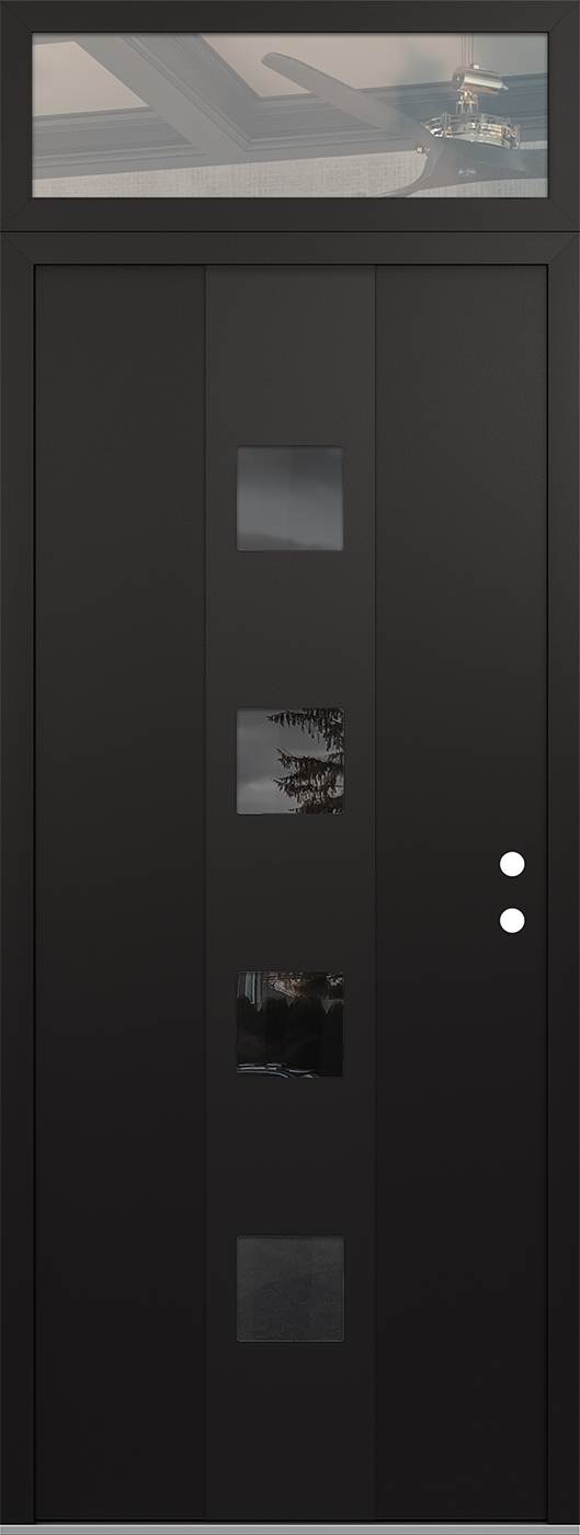 Modern Steel Front Door DIAMOND A12 36" X 96" BLACK/BLACK MIRRORED GLASS PANEL BLACK LHI WITH TRANSOM CLEAR GLASS