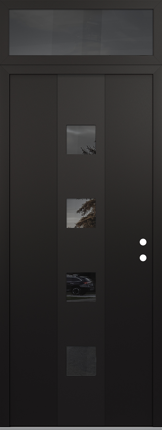 Modern Steel Front Door DIAMOND A12 36" X 96" BLACK/BLACK MIRRORED GLASS PANEL BLACK LHI WITH TRANSOM MIRRORED GLASS