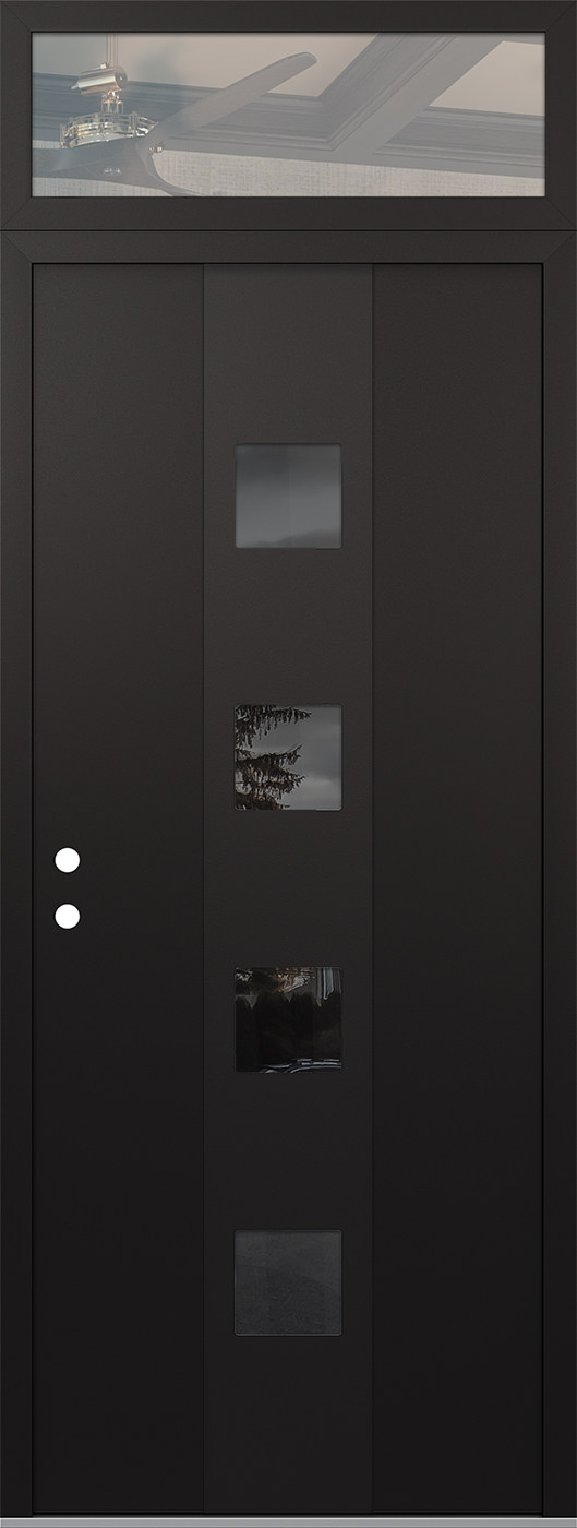 Modern Steel Front Door DIAMOND A12 36" X 96" BLACK/BLACK MIRRORED GLASS PANEL BLACK RHI WITH TRANSOM CLEAR GLASS