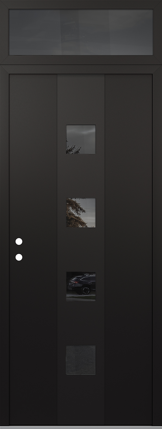 Modern Steel Front Door DIAMOND A12 36" X 96" BLACK/BLACK MIRRORED GLASS PANEL BLACK RHI WITH TRANSOM MIRRORED GLASS