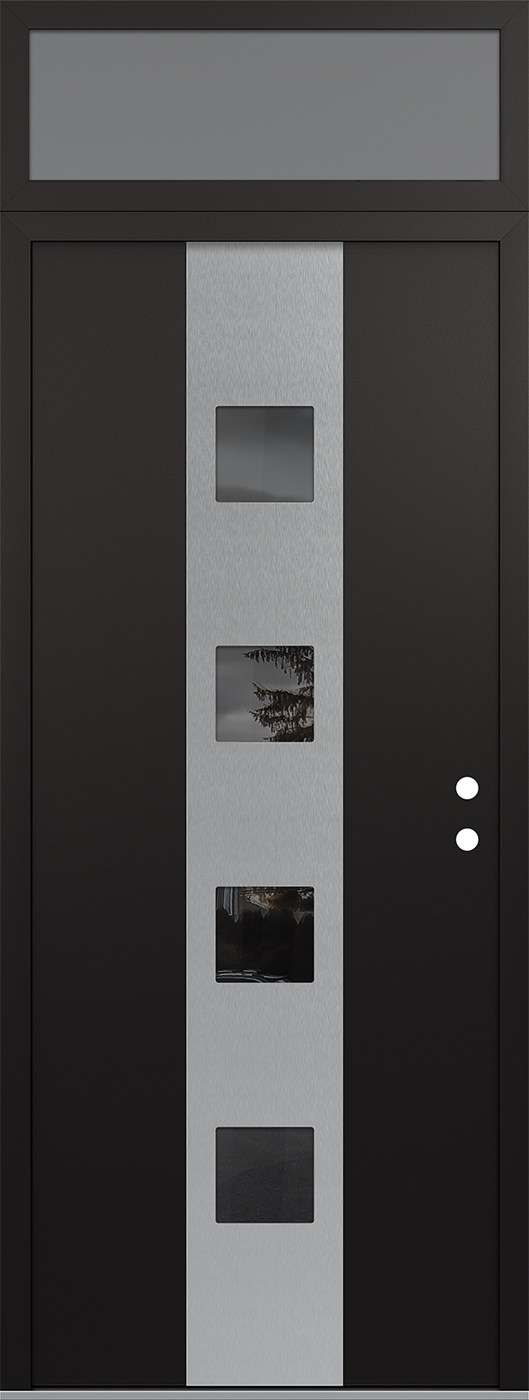 Modern Steel Front Door DIAMOND A12 36" X 96" BLACK/BLACK MIRRORED GLASS PANEL STAINLESS STEEL LHI WITH TRANSOM FROSTED GLASS