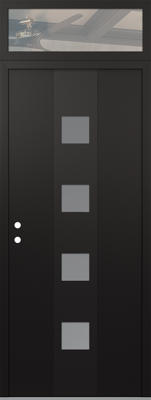 Modern Steel Front Door DIAMOND A12 36" X 96" BLACK/WHITE FROSTED GLASS PANEL BLACK RHI WITH TRANSOM CLEAR GLASS