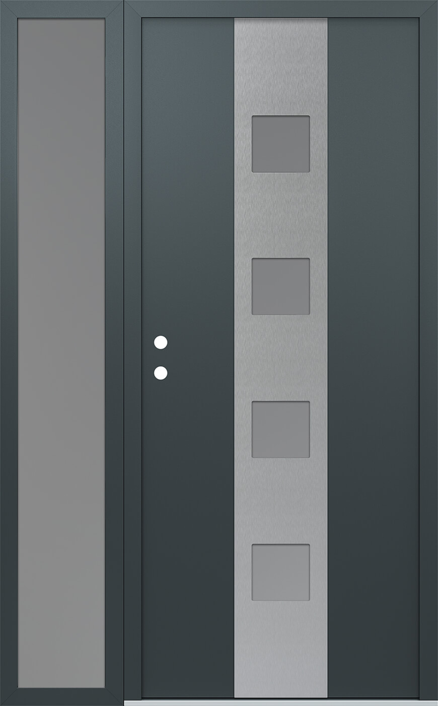 Modern Steel Front Door DIAMOND A12 48" X 80" ANTHRACITE/ANTHRACITE FROSTED GLASS PANEL STAINLESS STEEL RHI WITH SIDELITE FROSTED GLASS