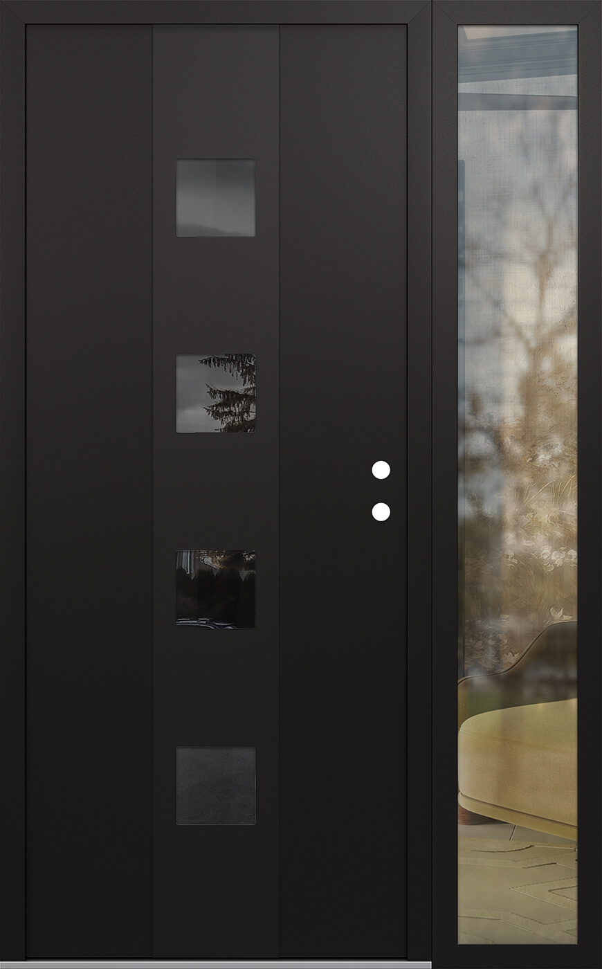 Modern Steel Front Door DIAMOND A12 48" X 80" BLACK/BLACK MIRRORED GLASS PANEL BLACK LHI WITH SIDELITE CLEAR GLASS
