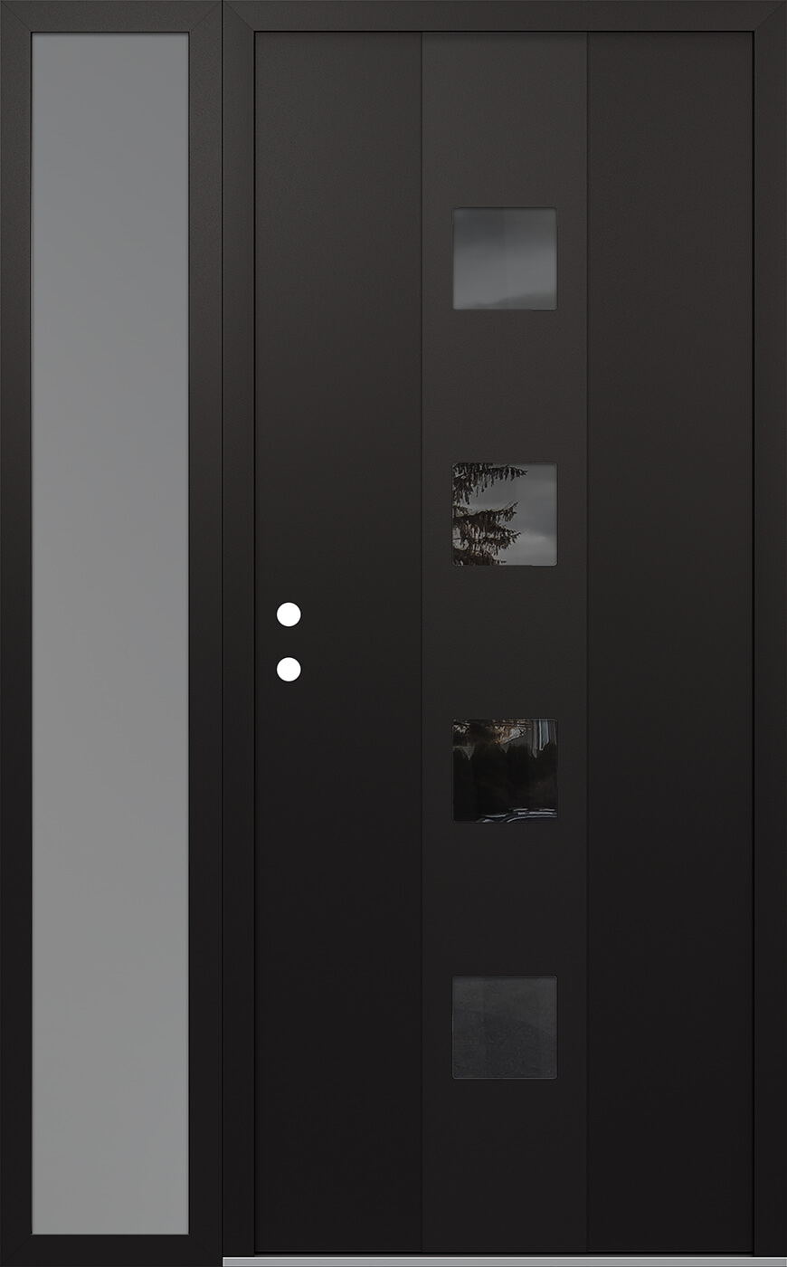 Modern Steel Front Door DIAMOND A12 48" X 80" BLACK/BLACK MIRRORED GLASS PANEL BLACK RHI WITH SIDELITE FROSTED GLASS