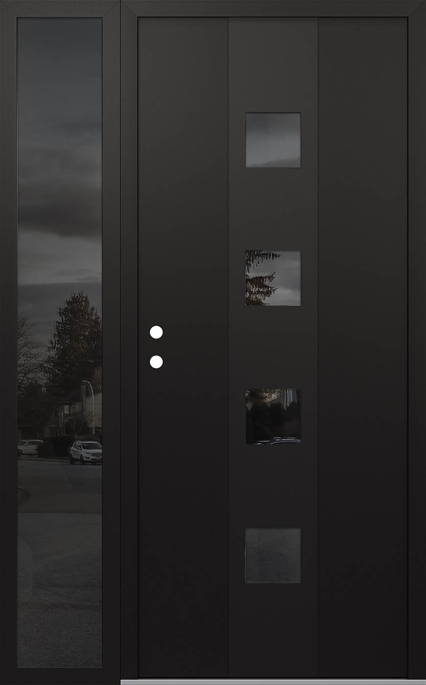 Modern Steel Front Door DIAMOND A12 48" X 80" BLACK/BLACK MIRRORED GLASS PANEL BLACK RHI WITH SIDELITE MIRRORED GLASS