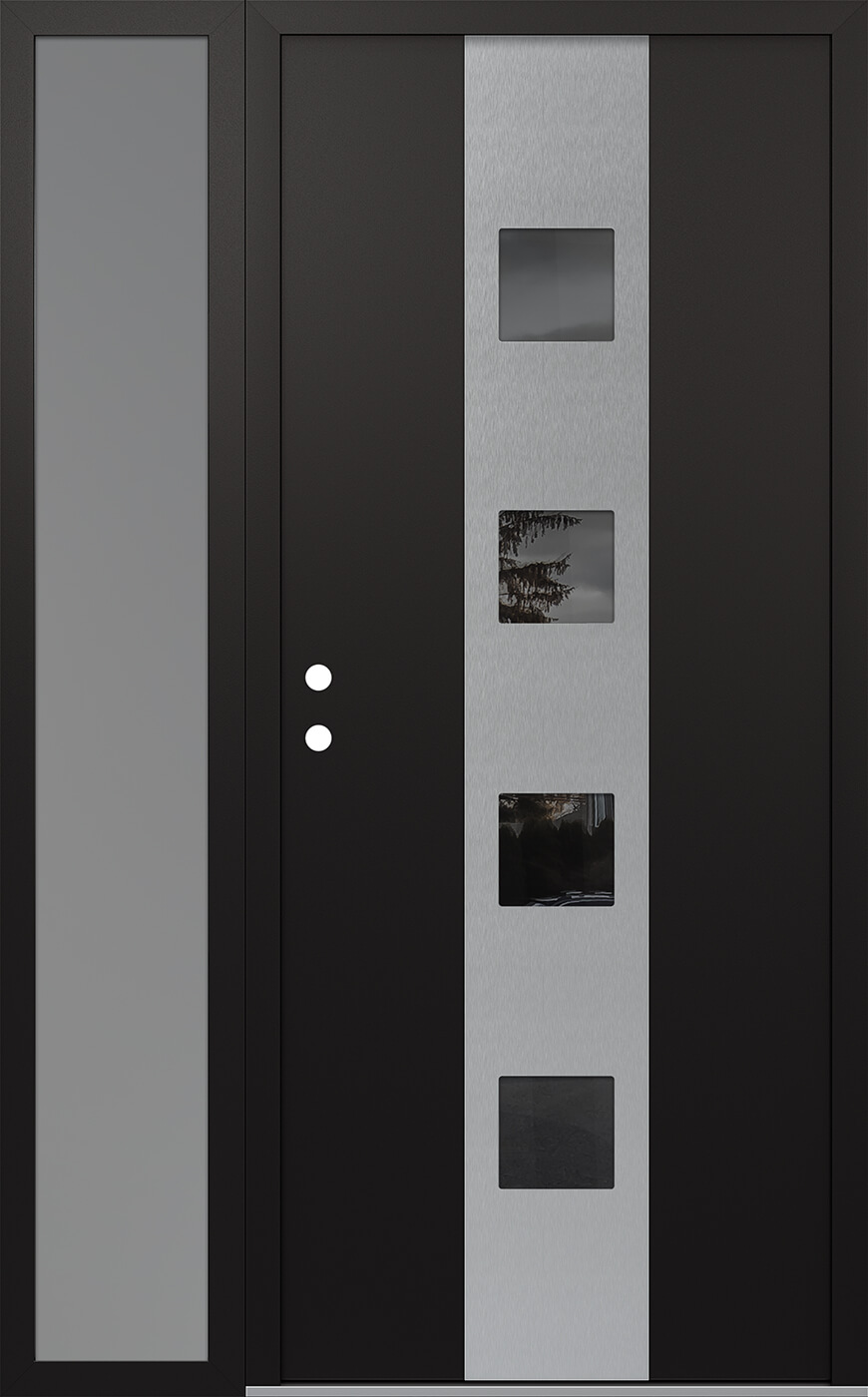 Modern Steel Front Door DIAMOND A12 48" X 80" BLACK/BLACK MIRRORED GLASS PANEL STAINLESS STEEL RHI WITH SIDELITE FROSTED GLASS