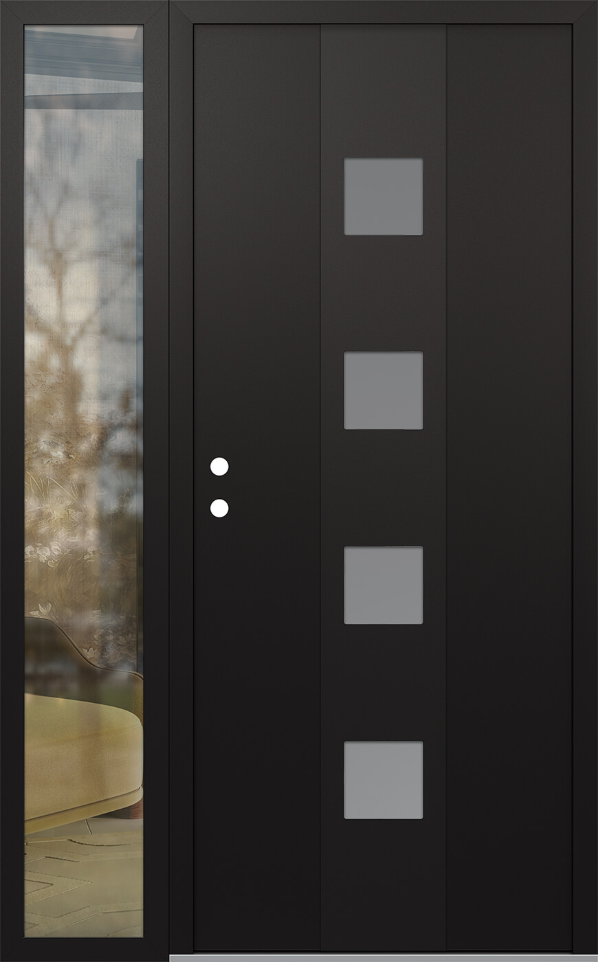 Modern Steel Front Door DIAMOND A12 48" X 80" BLACK/WHITE FROSTED GLASS PANEL BLACK RHI WITH SIDELITE CLEAR GLASS