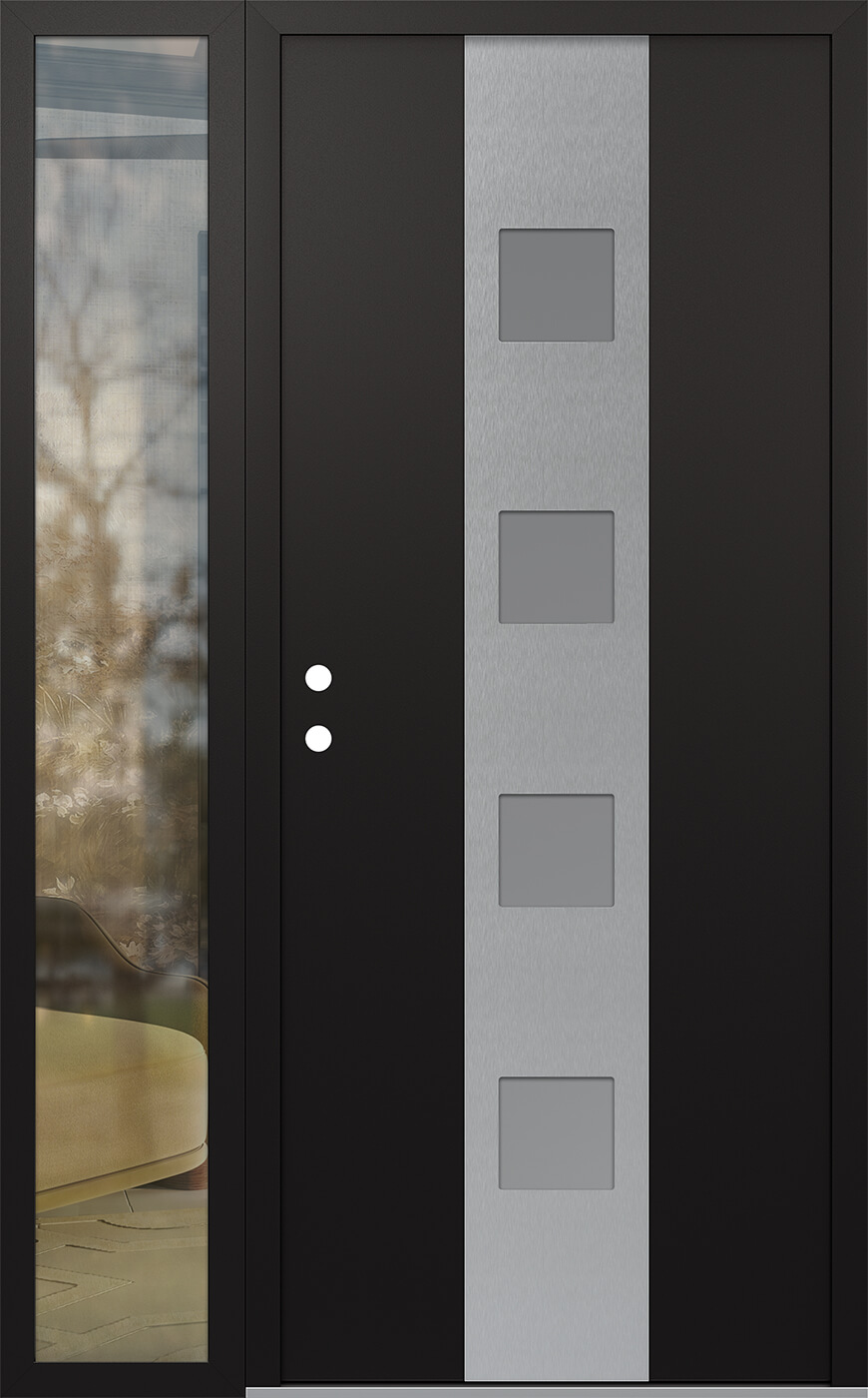 Modern Steel Front Door DIAMOND A12 48" X 80" BLACK/WHITE FROSTED GLASS PANEL STAINLESS STEEL RHI WITH SIDELITE CLEAR GLASS
