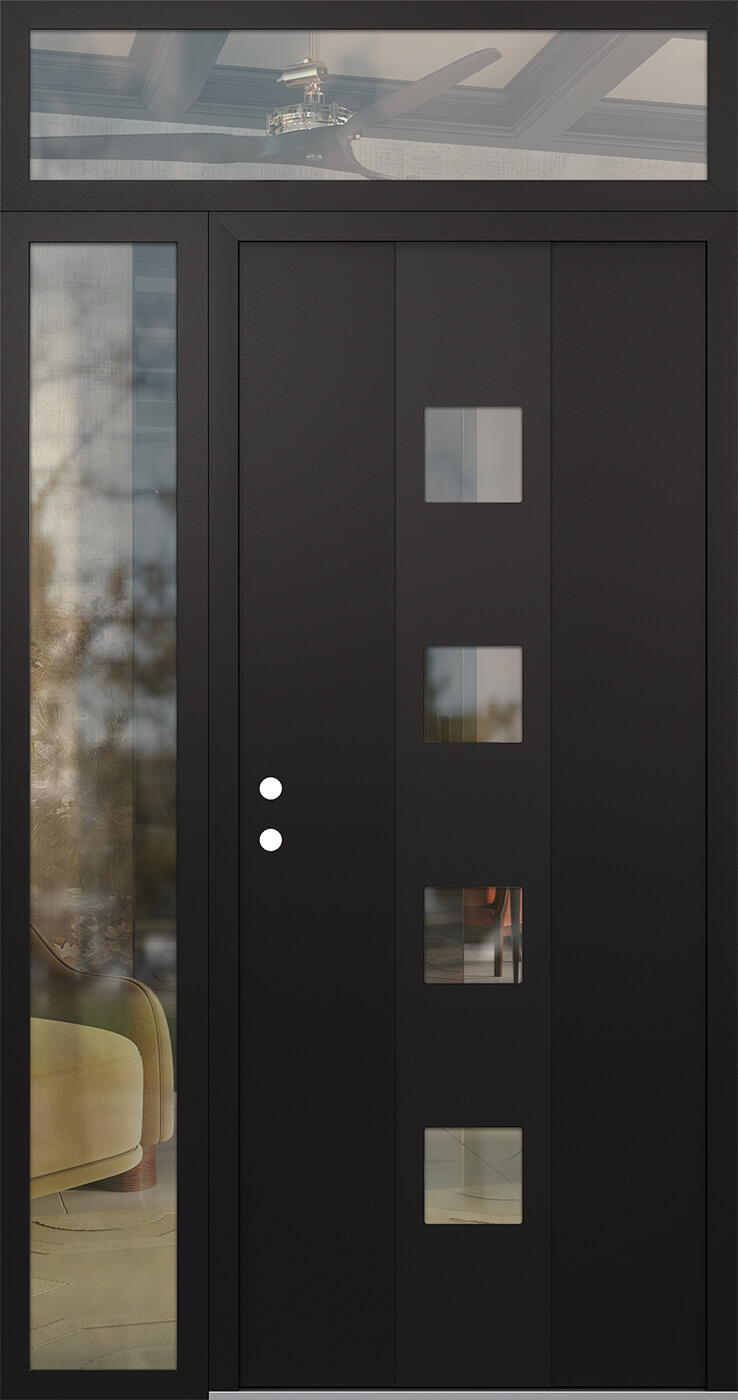 Modern Steel Front Door DIAMOND A12 48" X 96" BLACK/BLACK CLEAR GLASS PANEL BLACK RHI WITH SIDELITE AND TRANSOM CLEAR GLASS